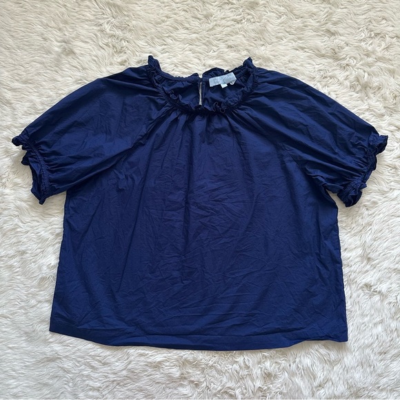 Hill House Blouse The Kit Top Short Puff Sleeve Ruffle Collar Navy L - Picture 2 of 10